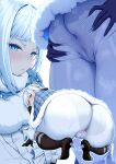  1girl akershus_fortress_(oshiro_project) ariso_kaoru ass ass_focus black_boots black_gloves blue_cape blue_eyes blush bodysuit boots braid breasts cameltoe cape center_frills closed_mouth commentary_request commission frilled_shirt frills full_body fur-trimmed_cape fur_trim gloves grabbing_own_ass grey_hair hair_ornament highres long_sleeves looking_at_viewer looking_back multiple_views oshiro_project:re panties panties_visible_through_clothes parted_lips shirt skeb_commission squatting swept_bangs thigh_boots thighs underwear white_bodysuit white_shirt 