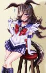  1girl alternate_costume animal_ears arm_support bishoujo_senshi_sailor_moon blush bow breasts brooch brown_hair choker commentary_request cosplay elbow_gloves flipped_hair gloves hair_over_one_eye highres horse_ears horse_girl horse_tail jewelry long_hair looking_at_viewer magical_girl open_mouth purple_choker purple_eyes purple_sailor_collar purple_skirt red_bow rice_shower_(umamusume) sailor_collar sailor_saturn sailor_saturn_(cosplay) sailor_senshi_uniform shin_(dshinb) skirt small_breasts smile solo star_(symbol) star_brooch star_choker stool tail umamusume white_gloves 