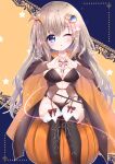  1girl 9-nine- absurdres alternate_costume annzu129 bat_hair_ornament black_boots black_cape blue_background blue_eyes blush boots bow bow_legwear breasts brown_hair cape cleavage closed_mouth commentary_request commission cosplay detached_sleeves feet_out_of_frame furrowed_brow gear_hair_ornament hair_ornament halloween halloween_costume hands_up heart heart_hands highres jack-o'-lantern kujou_miyako lace-up_boots large_breasts long_hair long_sleeves looking_at_viewer navel one_eye_closed orange_cape outline parted_lips pumpkin red_bow sanoba_witch simple_background sitting skeb_commission smile solo star_(symbol) star_symbol_background stomach thighhighs thighs togakushi_touko togakushi_touko_(cosplay) two-sided_cape two-sided_fabric two-tone_background variant_set very_long_hair white_outline white_thighhighs wing_hair_ornament yellow_background 
