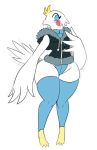 2018 anthro avian bird blue_eyes blush clothed clothing feathers female legwear looking_at_viewer multicolored_feathers pigeon_toed simple_background solo sssonic2 thick_thighs thigh_highs two_tone_feathers white_background white_feathers wide_hips yellow_feathers 