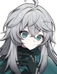  1girl absurdres ahoge black_survival commentary eternal_return:_black_survival finger_to_cheek gloves green_eyes grey_hair highres katja_(black_survival) long_hair meow_nyang messy_hair photo-referenced portrait pout solo untranslatable_commentary 