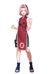  1girl ankle_boots bare_arms bike_shorts blue_boots blue_hairband boots breasts clenched_hands dress full_body green_eyes hairband hands_up happy haruno_sakura high_collar highres looking_at_viewer makitoshi0316 medium_dress medium_hair naruto_(classic) naruto_(series) open-toe_boots open_mouth pelvic_curtain pink_hair pouch red_dress simple_background sleeveless sleeveless_dress small_breasts smile standing thigh_pouch white_background zipper zipper_pull_tab 