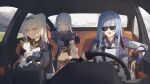  3girls absurdres ak-12_(girls'_frontline) ak-15_(girls'_frontline) alva_(girls'_frontline_2) an-94_(girls'_frontline) black_gloves blue_eyes blue_hair blush breasts car car_interior cat closed_mouth commentary_request driving dumbbell eyewear_on_head girls'_frontline girls'_frontline_2:_exilium glasses gloves highres jacket jishou_kusaboukun koleda_(girls'_frontline_2) long_hair medium_breasts motor_vehicle multiple_girls navel open_mouth steering_wheel stomach voymastina_(girls'_frontline_2) white_hair 