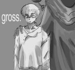  1boy alien alien_stage commentary english_text greyscale hair_between_eyes hand_on_another's_shoulder heperu_(alien_stage) highres intravenous_drip luka_(alien_stage) male_focus meowth_(doraymannn) monochrome shirt short_hair very_short_hair wide-eyed 