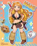  1girl :p bangle belt belt_buckle bracelet braid breasts brown_eyes brown_loincloth buckle capelet character_name choker cleavage closed_mouth collarbone commentary_request crop_top earrings eyelashes full_body fur_capelet fur_leg_warmers gem glint gold_bangle gold_choker groin hand_on_own_hip highres holding holding_gem jewelry large_breasts leg_warmers loincloth long_hair looking_at_viewer midriff nami_(one_piece) navel obakeneko official_alternate_costume one_piece orange_hair pearl_earrings red_gem signature single_braided_sidelock sparkle standing straight-on sword sword_on_back thigh_strap tongue tongue_out weapon weapon_on_back yellow_capelet zeus_(one_piece) 