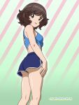  1girl akiyama_yukari ass blue_shorts blue_sports_bra blush breasts brown_eyes brown_hair closed_mouth commentary_request girls_und_panzer highres looking_at_viewer naotosi short_hair shorts simple_background small_breasts solo sports_bra striped_background tongue tongue_out 