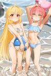  2girls absurdres ahoge alternate_hairstyle armpits ball bare_shoulders beach beachball bikini blonde_hair blush bocchi_the_rock! breasts cameltoe collarbone commentary_request eltir frilled_bikini frills front-tie_top green_eyes groin groin_tendon hair_down high-waist_bikini highres holding holding_ball holding_beachball ijichi_nijika inflatable_toy kita_ikuyo korean_commentary long_hair looking_at_viewer multiple_girls navel ocean open_mouth pink_hair ponytail red_eyes ribs side-tie_bikini_bottom sidelocks small_breasts standing stomach strapless swimsuit teeth thigh_gap tube_top very_long_hair white_bikini 