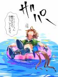  1girl afloat agnes_tachyon_(lunatic_lab)_(umamusume) agnes_tachyon_(umamusume) ahoge animal_ears bikini black_bikini black_gloves breasts brown_hair commentary_request criss-cross_halter gloves green_jacket hair_between_eyes halterneck highres horse_ears horse_girl horse_tail innertube jacket leather_wrist_straps morimoru413 official_alternate_costume on_innertube open_clothes open_mouth shorts solo speech_bubble squiggle swim_ring swimsuit tail tied_jacket translation_request umamusume water wrist_straps 