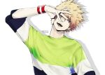  1boy bakugou_katsuki blonde_hair boku_no_hero_academia highres jewelry looking_at_viewer male_focus middle_ring multicolored_shirt piercing red_eyes ring saucybrtt shirt short_hair simple_background solo spiked_hair straight-on t-shirt thumb_ring tongue_piercing twitter_username upper_body white_background 