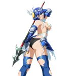  1girl aqua_eyes arm_up armor ass backless_outfit black_panties blue_armor blue_hair blue_thighhighs blush bob_cut breasts butt_crack capelet circlet dress embarrassed eyepatch feet_out_of_frame from_behind game_asset hip_armor holding holding_polearm holding_weapon ikkitousen ikkitousen_extra_burst looking_at_viewer looking_back medical_eyepatch mole mole_under_mouth non-web_source official_art open_mouth over_shoulder panties polearm ryomou_shimei_(ikkitousen) self-datamine short_hair silver_circlet simple_background single_bare_shoulder solo spear thighhighs torn_capelet torn_clothes torn_dress torn_thighhighs transparent_background two-handed underwear vambraces variant_set weapon weapon_over_shoulder white_capelet white_dress winged_headwear zettai_ryouiki 