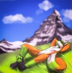  2018 4_toes angiewolf anthro canine day detailed_background digital_media_(artwork) fox fur green_hair hair lying male mammal nude on_back orange_fur outside sky toes white_fur 