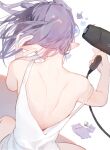  1girl absurdres back backless_dress backless_outfit chocosong commentary_request dress drying drying_hair drying_own_hair floating_hair from_behind hair_dryer highres holding holding_hair_dryer hololive hololive_english long_hair ninomae_ina'nis pointy_ears purple_hair simple_background sleeveless sleeveless_dress solo takodachi_(ninomae_ina'nis) virtual_youtuber white_background white_dress 