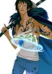  1girl absurdres arm_tattoo black_hair blue_eyes breasts cape chest_tattoo commentary commentary_request denim earrings genderswap genderswap_(mtf) highres holding holding_sword holding_weapon jeans jewelry large_breasts law-chan looking_at_viewer mixed-language_commentary one_piece pants qinyu0314 sword tank_top tattoo trafalgar_law weapon white_tank_top 