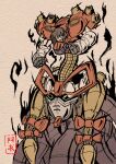  1girl absurdres armor artist_name blonde_hair bow brown_hair chest_jewel chiwa_(chiwa0617) commentary_request devil_gundam fangs fighting_stance fingernails fusion g_gundam green_eyes gundam hair_bow hair_tubes hakurei_reimu highres ink joints mecha mobile_suit nihonga no_pupils open_mouth parody red_bow robot robot_joints science_fiction sharp_fingernails shoulder_armor solo touhou v-fin white_eyes yakumo_yukari 