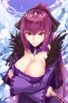  black_bow bow breasts cleavage closed_mouth commentary_request dress fate/grand_order fate_(series) fur_trim hair_bow highres holding holding_wand large_breasts long_hair looking_at_viewer pink_eyes ponytail purple_dress purple_hair scathach_(fate)_(all) scathach_skadi_(fate/grand_order) shuugetsu_karasu smile solo tiara upper_body wand 