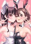  2023 2girls animal_ear_hairband animal_ears asymmetrical_docking black_bow black_hair blunt_bangs bow breast_press breasts brown_eyes brown_hair cheek-to-cheek choker cleavage clothes_writing cocked_eyebrow commentary_request detached_collar eyebrow_cut fake_animal_ears fake_tail finger_counting finger_counting_duo hairband heads_together highres izumida_fuyuki large_breasts long_hair multiple_girls original playboy_bunny ponytail rabbit_ear_hairband rabbit_ears rabbit_tail red_eyes short_hair sidelocks small_breasts tail white_choker wrist_cuffs 