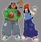 anthro band-aid bandage beanie bear belly black_ears black_tail blue_bottomwear blue_clothing blue_pants blue_shirt blue_tank_top blue_topwear bottomwear brown_body brown_ears brown_fur brown_hands canid canine canis clothing cross cross_necklace devil_horns_(gesture) different_artstyle domestic_dog duo electronics floppy_ears footwear fur gesture green_clothing green_footwear green_hoodie green_shoes green_topwear grey_bottomwear grey_clothing grey_pants half-closed_eyes hand_gesture hat headgear headphones headphones_around_neck headwear holding_another holding_bag holding_donut hoodie jewelry lifting_another light_body light_fur looking_at_viewer looking_away looking_up male male/male mammal multiple_poses narrowed_eyes necklace orange_beanie orange_clothing orange_hat orange_headwear outline oversized_bottomwear oversized_clothing oversized_pants overweight overweight_anthro overweight_male pants parappa parappa_the_rapper pink_bag pink_frosted_sprinkled_doughnut pj_berri pose red_clothing red_footwear red_shoes shirt shoelaces shoes size_difference slim_male sony_corporation sony_interactive_entertainment standing tail tank_top topwear white_outline wristband yuckyalternate