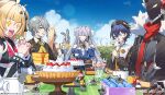  >_< +_+ 2boys 5girls ahoge animal_ears ascot aurelia_academy_school_uniform bangboo_(zenless_zone_zero) bare_shoulders belle_(brilliance_of_stars)_(zenless_zone_zero) belle_(zenless_zone_zero) billy_kid billy_kid_(starlight) black_gloves black_hat black_jacket black_sweater blonde_hair blue_hair blue_sky breasts cake chalky_(zenless_zone_zero) cissia_(zenless_zone_zero) closed_eyes clothed_robot clothing_cutout cloud commentary crossed_bangs cup drooling food fork fur-trimmed_jacket fur_trim gloves grey_hair grey_hat hair_between_eyes hair_ornament hairclip hand_on_own_cheek hand_on_own_face hat high_ponytail holding holding_fork horse_ears horse_girl humanoid_robot jacket large_breasts large_hat long_hair looking_at_another looking_at_food metal_wrist_cuffs mole mole_under_mouth multiple_boys multiple_girls neckerchief necktie norma_hollowell official_alternate_costume open_mouth outdoors pink_nails plate pom_pom_(clothes) pom_pom_hair_ornament ponytail red_scarf robot robot_boy scarf school_uniform shako_cap shidare_(youh4016) shoulder_cutout sigrid_de_l'azur sitting sky snake snake_girl sweater torn_clothes torn_scarf underboob velina_airgid white_snake wise_(oath_of_skies)_(zenless_zone_zero) wise_(zenless_zone_zero) yellow_ascot yellow_eyes yellow_neckerchief yellow_necktie zenless_zone_zero 