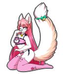  akaunkel anthro artemis_tsukino bell bra breasts cat cat_keyhole_bra cat_lingerie clothing feline female fur hair kneeling legwear lingerie long_tail mammal one_eye_closed panties pink_eyes pink_hair solo stockings underwear white_fur 