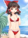  arm_behind_back bangs bare_arms bare_shoulders beach bikini black_eyes black_hair blue_sky blurry blurry_background bow breasts cloud collarbone commentary_request cowboy_shot day frilled_bikini frilled_bow frills front-tie_bikini front-tie_top gohei groin hair_bow hair_tubes hakurei_reimu halterneck hand_on_own_chest hand_up highres holding looking_at_viewer medium_breasts medium_hair miyo_(ranthath) navel open_mouth outdoors palm_tree red_bikini red_bow ribbon-trimmed_bikini ribbon_trim sand shiny shiny_skin side-tie_bikini sidelocks sky solo standing stomach sun swimsuit thighs touhou tree water 