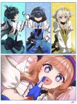  +_+ 4girls absurdres animal_ears arknights arknights:_endfield belt belt_necktie bird_ears bird_girl black_mask blue_horns blue_tail blush capelet chen_qianyu_(arknights) chest_ribbon cleavage_cutout clothing_cutout commentary curled_horns dragon_girl dragon_horns dragon_tail dress_ribbon eastern_dragon_horns eastern_dragon_tail endministrator_(arknights) english_commentary exposed_back female_endministrator_(arknights) frilled_capelet frills gloves hair_ribbon hairband headband_ribbon highres horns idol_clothes jertv liino_(arknights) mask multicolored_horns multiple_girls own_hands_together partially_fingerless_gloves perlica_(arknights) purple_gloves purple_hairband purple_horns ribbon star-shaped_pupils star_(symbol) symbol-shaped_pupils tail two-tone_horns v 