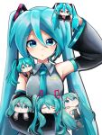  6+girls aqua_eyes aqua_hair aqua_necktie black_sleeves chibi chibi_on_shoulder commentary detached_sleeves grey_shirt hatsune_miku hatsune_miku_(append) hatsune_miku_(nt) hatsune_miku_(vocaloid3) hatsune_miku_(vocaloid4) hatsune_miku_(vocaloid6) highres holding holding_mini_person ice_icede_su long_hair mini_person multiple_girls multiple_persona necktie on_shoulder piapro_studio shirt simple_background sleeveless sleeveless_shirt twintails v4x very_long_hair vocaloid vocaloid_append white_background 