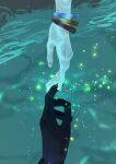  1boy 1girl absurdres aerith_gainsborough bangle black_gloves bracelet close-up commentary final_fantasy final_fantasy_vii final_fantasy_vii_rebirth final_fantasy_vii_remake finger_touching gloves gold_bangle hand_focus highres jewelry lifestream light_particles mianmian741 reaching water zack_fair 