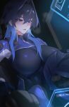  1girl absurdres alternate_costume black_bodysuit black_hair blue_eyes blue_hair bodysuit breasts cockpit colored_inner_hair commentary hair_intakes helmet highres holographic_monitor hololive hololive_english hunk_404 large_breasts medium_hair multicolored_hair ouro_kronii parted_lips solo sweat untranslatable_commentary unworn_headwear unworn_helmet virtual_youtuber wolf_cut 
