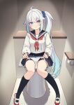  1girl absurdres ahoge black_socks blue_eyes blue_skirt bow bow_panties commentary_request highres indoors kneehighs legs long_hair long_sleeves looking_at_viewer on_toilet original panties panty_pull pleated_skirt pulling_own_clothes pussy_juice_stain sailor_collar school_uniform scrunchie serafuku shirono_mirai shirt shoes side_ponytail sitting skirt socks solo thighs toilet underwear very_long_hair white_hair white_panties white_shirt white_shoes zero_(miraichizu) 