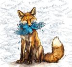  4_toes ambiguous_gender avian beak bird black_nose blue_feathers canine claws duo eyes_closed feathers feral fox fur kenket mammal orange_fur toe_claws toes traditional_media_(artwork) wings 