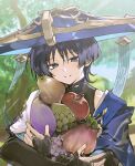  1boy ajilenakh_nut_(genshin_impact) apple armor bishounen black_bodysuit black_bridal_gauntlets black_hair blue_cape blue_hat blue_jingasa blue_sleeves blunt_ends blurry blurry_background bodysuit bridal_gauntlets cape cherry_(sp_gkdla) commentary_request depth_of_field eyeliner fingernails food fruit genshin_impact gold grapes grey_pupils grin hand_on_own_arm hat holding holding_food holding_fruit japanese_armor jingasa korean_commentary kote kurokote lavender_melon_(genshin_impact) layered_sleeves light_blush looking_at_viewer makeup male_focus middle_ring open_hands outdoors parted_lips portrait purple_eyes purple_rope red_eyeliner rope scaramouche_(genshin_impact) short_sleeves shoulder_peek side_cape sidelighting smile solo sunlight sunsettia_(genshin_impact) tree tsurime wanderer_(genshin_impact) white_sleeves white_trim wispy_bangs zaytun_peach_(genshin_impact) 