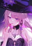  1girl absurdres applying_lipstick applying_makeup applying_own_makeup artist_name ascot bad_anatomy bad_hands bare_shoulders black_dress black_hat brown_hair choker commentary cosmetics detached_sleeves dress english_commentary flower hat hat_flower herta_(honkai:_star_rail) highres holding holding_lipstick_tube honkai:_star_rail honkai_(series) key key_choker lipstick lipstick_tube long_hair makeup nail_polish pink_lips portrait purple_eyes purple_flower purple_hat purple_nails purple_ribbon reiness_(ureiness) ribbon signature the_herta_(honkai:_star_rail) twitter_username white_ascot witch_hat 
