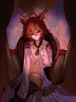  1girl absurdres agnes_tachyon_(tach-nology)_(umamusume) agnes_tachyon_(umamusume) ahoge animal_ears ascot black_ascot black_pantyhose brown_hair chair chemical_structure commentary curtains earrings english_commentary hair_between_eyes heixing hexagon_earrings highres horse_ears horse_girl jewelry lab_coat light_smile long_sleeves looking_at_viewer no_pants painting_(object) pantyhose red_eyes short_hair single_earring sitting sleeves_past_fingers sleeves_past_wrists solo sweater test_tube umamusume yellow_sweater 