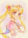  1girl absurdres bishoujo_senshi_sailor_moon blonde_hair blue_eyes choker commentary crescent crescent_facial_mark dariens_leclerc double_bun earrings facial_mark gloves hair_bun highres jewelry magical_girl sailor_moon sailor_senshi_uniform simple_background smile solo tsukino_usagi twitter_username upper_body white_gloves 
