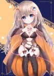  1girl 9-nine- absurdres alternate_costume annzu129 bat_hair_ornament black_boots black_cape blue_background blue_eyes blush boots bow bow_legwear breasts brown_hair cape cleavage closed_mouth commentary_request commission cosplay detached_sleeves feet_out_of_frame furrowed_brow gear_hair_ornament hair_ornament halloween halloween_costume hands_up heart heart_hands highres jack-o'-lantern kujou_miyako lace-up_boots large_breasts long_hair long_sleeves looking_at_viewer navel orange_cape outline parted_lips pumpkin red_bow sanoba_witch simple_background sitting skeb_commission smile solo star_(symbol) star_symbol_background stomach thighhighs thighs togakushi_touko togakushi_touko_(cosplay) two-sided_cape two-sided_fabric two-tone_background variant_set very_long_hair white_outline white_thighhighs wing_hair_ornament yellow_background 