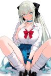  absurdres bamboo_tac black_bow black_shoes blue_choker blue_eyes blue_hair blue_nails blue_scrunchie bow bowtie braid breasts button_gap choker closed_mouth collarbone fate/grand_order fate_(series) fingernails gradient_hair grey_hair hair_bow highres large_breasts loafers long_hair looking_at_viewer loose_socks morgan_le_fay_(fate) multicolored_hair nail_polish red_bow red_bowtie school_uniform scrunchie shirt shoes simple_background sitting smile socks thighs white_background white_shirt white_socks wrist_scrunchie 