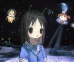  2girls :o alien animal animal_on_head antennae azumanga_daioh black_eyes black_hair brown_hair cat cat_on_head commentary dot_nose earth_(planet) helmet highres kasuga_ayumu kuonoku95712 mihama_chiyo mihama_chiyo's_father multiple_girls nekokoneko on_head on_moon planet sailor_collar space_helmet star_(sky) star_(symbol) twintails ufo untranslatable_commentary white_sailor_collar 