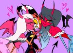 2024 absurd_res back_wings bare_shoulders bat_pattern black_hair blitzo_(helluva_boss) blush breasts capcom cleavage clothed clothed_female clothed_humanoid clothed_male clothing cosplay crossover crossover_cosplay darkstalkers demon dipstick_horn female flirting forehead_tattoo group hair hand_on_face hazumin_mizuki heart_(marking) heart_symbol hellaverse helluva_boss hi_res horn humanoid imp japanese_description kiki_(helluva_boss) leaning leaning_forward leggings legwear leotard lilith_aensland long_hair male male/female markings morrigan_aensland multicolored_horn pattern_clothing pattern_leggings pattern_legwear pink_body pink_skin purple_background red_body red_eyes red_skin simple_background spade_tail strapless_clothing strapless_leotard striped_horn stripes succubus suit tail trio verosika_mayday white_hair wings yellow_sclera