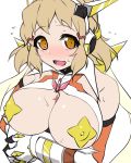  blonde_hair blush breasts breasts_outside covered_nipples kuro_mushi large_breasts looking_at_viewer no_bra open_mouth senki_zesshou_symphogear simple_background smile solo sweat symphogear_pendant tachibana_hibiki_(symphogear) white_background yellow_eyes 