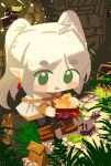  1girl :t ant black_pantyhose blush boots brown_boots bug chibi chibi_only closed_mouth commentary cozydeneb dress earrings english_commentary food frieren full_body grass green_eyes grey_hair highres holding holding_food holding_sandwich jewelry long_hair long_sleeves looking_at_viewer pantyhose sandwich sidelocks sitting solo sousou_no_frieren thick_eyebrows twintails white_dress 