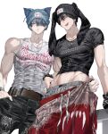  2boys absurdres beanie black_hair black_pants black_shirt blue_hair boxers chamuring closed_mouth commentary covered_abs covered_pectorals denim drawstring from_below grey_male_underwear han_maru hat highres hip_bones jeans jewelry looking_at_viewer male_focus male_underwear midriff multiple_boys navel necklace official_art pants pectorals plaid_clothes plaid_male_underwear red_pants seon-woo_eden shirt short_hair simple_background special_civil_servant tank_top toned toned_male tongue tongue_out underwear untranslatable_commentary white_background white_tank_top 