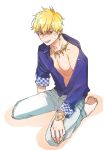  anger_vein barefoot blonde_hair blue_shirt establishment_(fate/grand_order) fate/grand_order fate/stay_night fate_(series) gilgamesh gilgamesh_(caster)_(fate) highres kneeling male_focus open_clothes open_shirt red_eyes shirt simple_background solo white_background yuu_yuugekisyu 