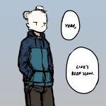  2018 anthro bear cheek_tuft clothed clothing english_text grey_background hands_in_pockets hoodie male mammal mouthless panzery25 pines_(panzery25) polar_bear signature simple_background solo speech_bubble standing text tuft 