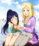  2girls blonde_hair blue_hair commentary_request green_jacket highres jacket kneehighs kougi_hiroshi long_sleeves love_live! love_live!_sunshine!! matsuura_kanan multicolored_jacket multiple_girls ohara_mari partially_unzipped ponytail purple_jacket sakurauchi_riko sitting skirt smile snow snowman socks takami_chika track_jacket two-tone_jacket yellow_eyes 