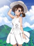  bare_shoulders blue_eyes bow breasts brown_hair day dress gegege_no_kitarou hair_ornament hairclip hand_on_headwear hat inuyama_mana onomekaman outdoors short_ponytail smile sun_hat sundress white_bow white_dress 