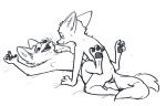  2018 ambiguous_gender ambiguous_penetration anthro anthro_on_anthro canine disney duo fox fuel_(artist) fur hindpaw legs_up looking_at_another looking_at_partner lying male male/ambiguous male_penetrating mammal missionary_position monochrome nick_wilde nude on_back open_mouth panting paws penetration sex simple_background skye_(zootopia) smile teeth toe_curl white_background white_fur zootopia 