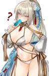  1girl absurdres bare_shoulders bikini blue_eyes blush braid breasts cleavage commentary detached_sleeves fate/grand_order fate_(series) gold_trim highres large_breasts long_hair looking_at_viewer morgan_le_fay_(fate) morgan_le_fay_(water_princess)_(fate) navel ponytail solo swimsuit white_bikini yotsutsu428 