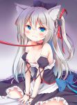  animal_ears apron azur_lane bangs bare_shoulders bed_sheet black_bow black_dress blue_bow blush bow breasts cat_ears cat_hair_ornament closed_mouth collarbone commentary_request cuffs cum cum_on_body cum_on_breasts cum_on_upper_body detached_sleeves dress esureki eyebrows_visible_through_hair facial frilled_dress frills hair_between_eyes hair_bow hair_ornament hair_ribbon hammann_(azur_lane) handcuffs highres leash long_hair looking_at_viewer nipples one_side_up puffy_short_sleeves puffy_sleeves red_collar red_ribbon remodel_(azur_lane) ribbon short_sleeves silver_hair sitting small_breasts solo strapless strapless_dress v-shaped_eyebrows very_long_hair waist_apron wariza white_apron 