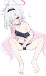  1girl :o bikini black_bikini black_choker black_hairband blue_archive blush bow_hairband braid choker colored_inner_hair flat_chest frilled_bikini frills grey_eyes hair_over_one_eye hairband halo highres long_hair looking_at_viewer measho multicolored_hair plana_(blue_archive) red_halo red_pupils ribbon simple_background single_braid sitting solo strap_pull swimsuit white_background white_hair white_ribbon 