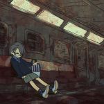  1girl female glasses looking_down ootorii_bisetsu short_hair shorts sleeves_past_wrists solo train_interior 